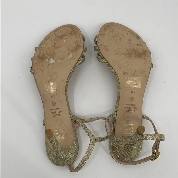 Stuart Weitzman Starla metallic sandal shoe heel gold glitter delicate strap 8.5 - Picture 6 of 6